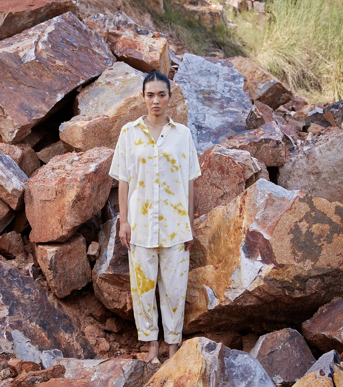 Khara Kapas Our Soul Co-ord Set 100% Cotton  White and Mustard Yellow KW682