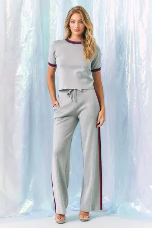 Knit Short Sleeve Top and Pants Set With Stripe Detail