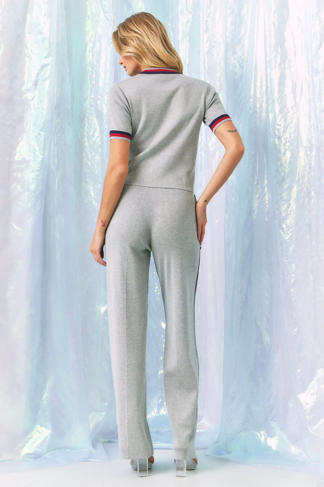 Knit Short Sleeve Top and Pants Set With Stripe Detail