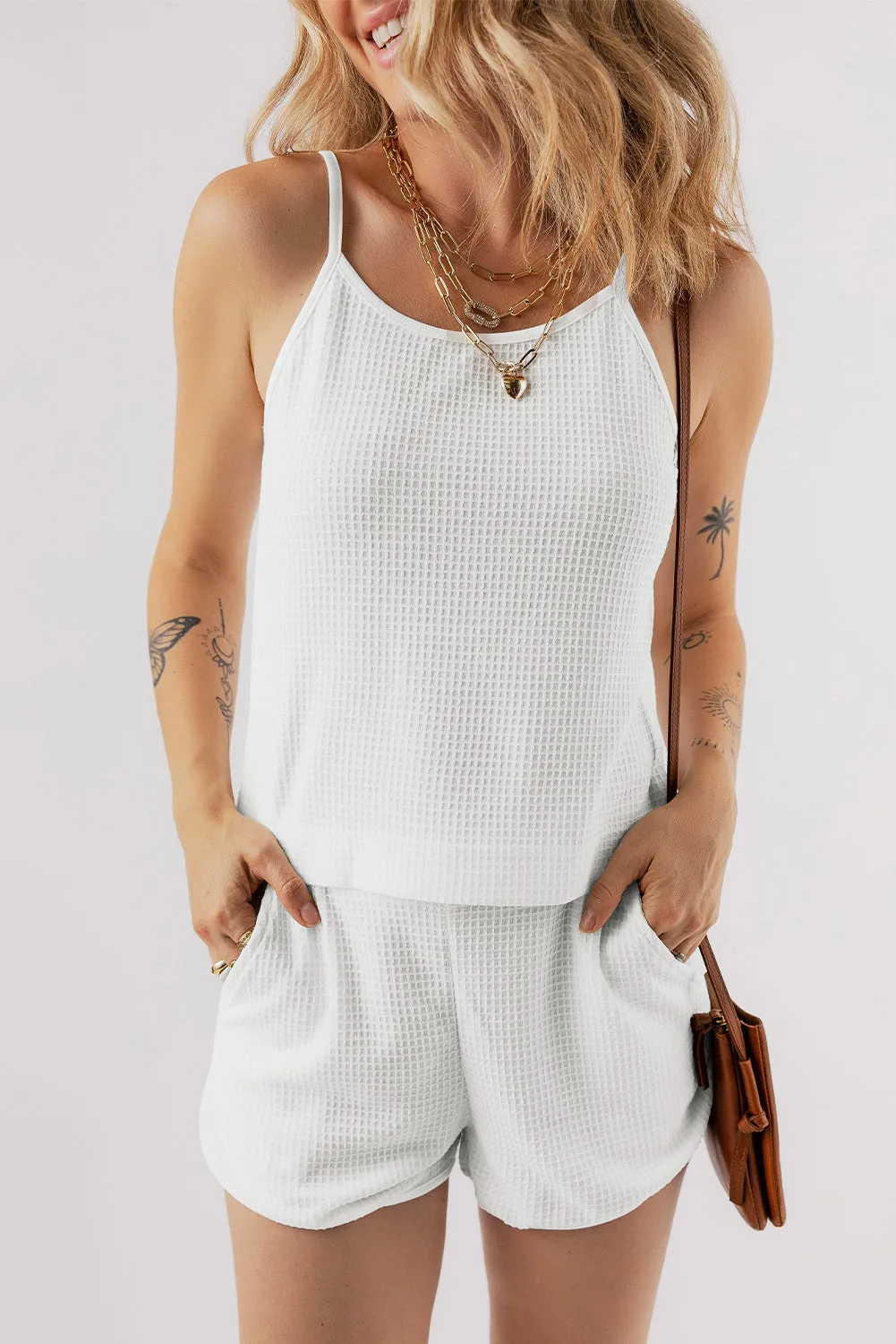 Knit Textured Straps Cami and Shorts Set
