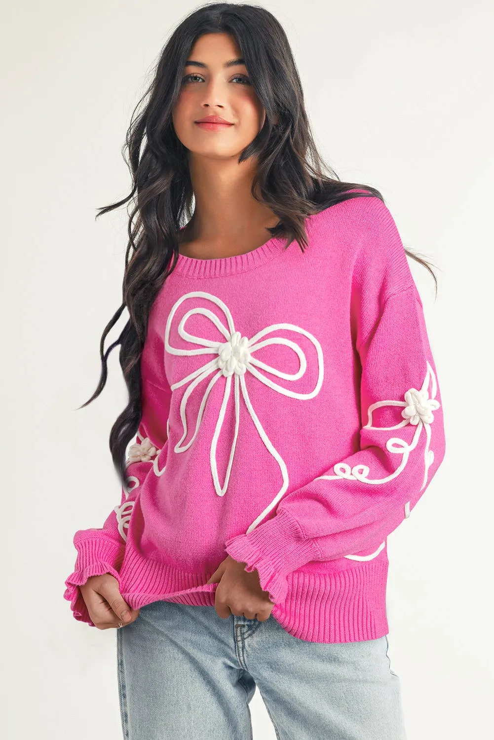 Leah Corded Flower Bow Ribbed Trim Casual Sweater