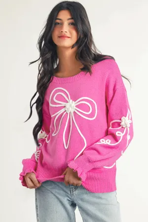 Leah Corded Flower Bow Ribbed Trim Casual Sweater