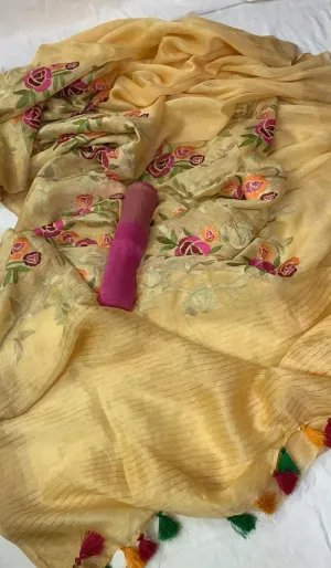 Light Yellow Linen Saree With Embroidery