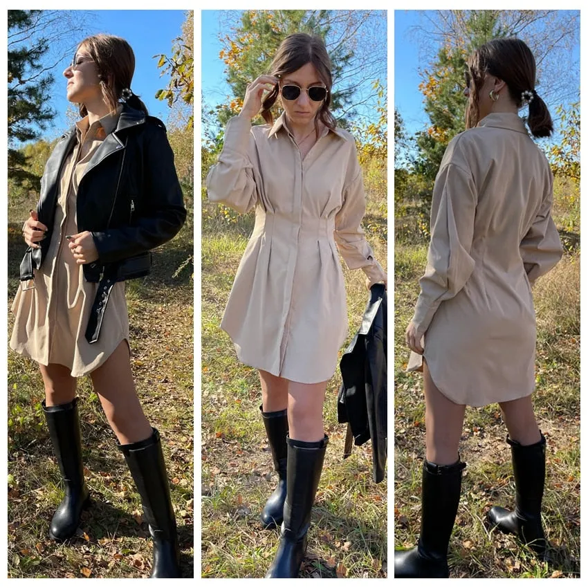 Long Sleeve Khaki Pleated Shirt Dress
