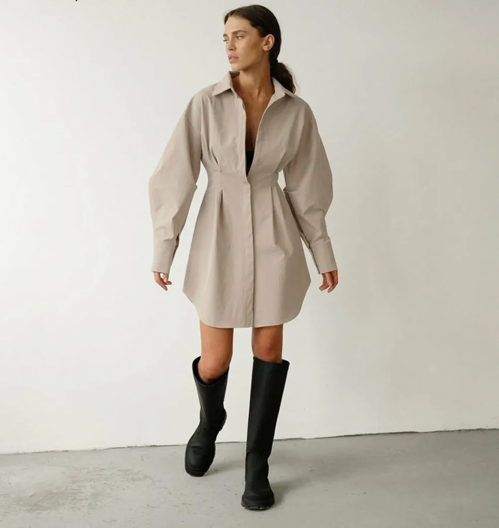 Long Sleeve Khaki Pleated Shirt Dress