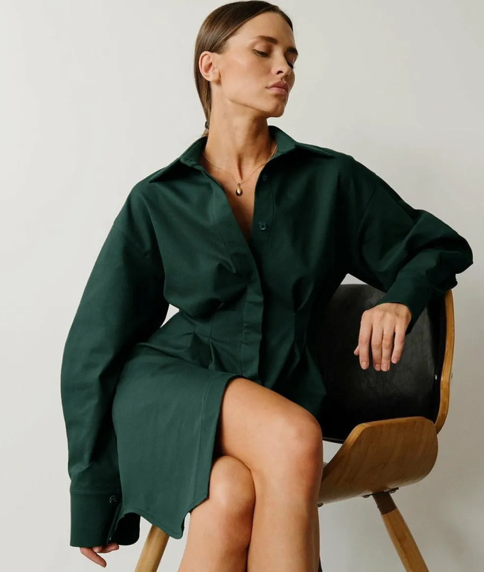 Long Sleeve Khaki Pleated Shirt Dress