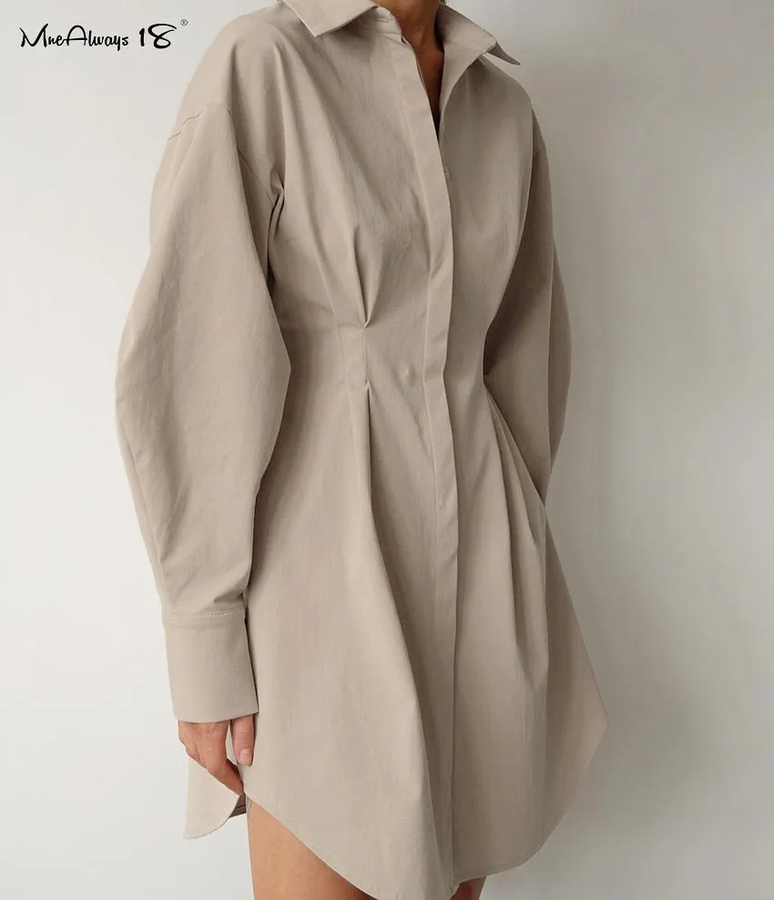 Long Sleeve Khaki Pleated Shirt Dress