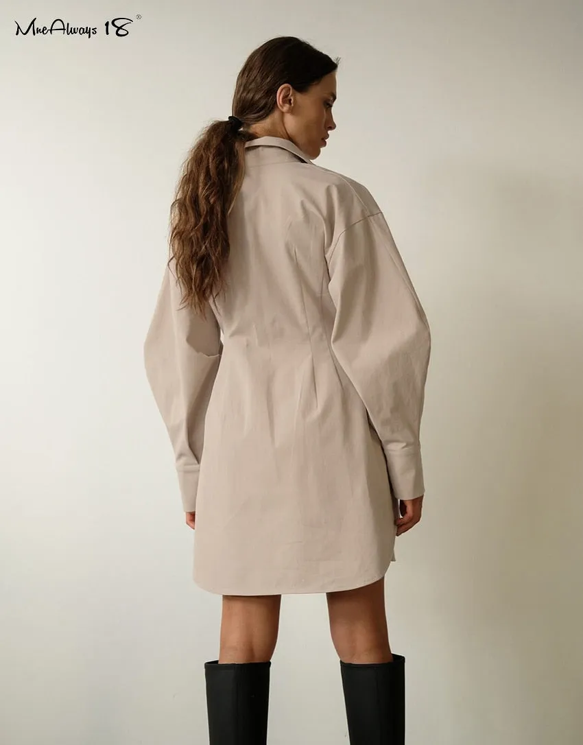 Long Sleeve Khaki Pleated Shirt Dress