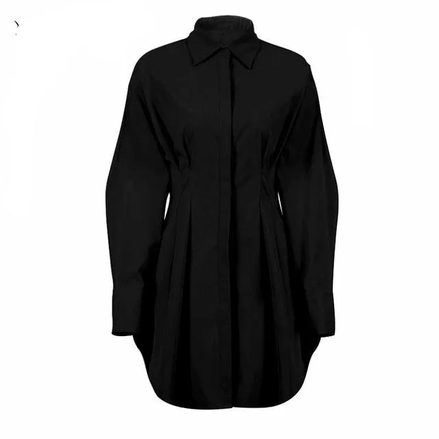 Long Sleeve Khaki Pleated Shirt Dress