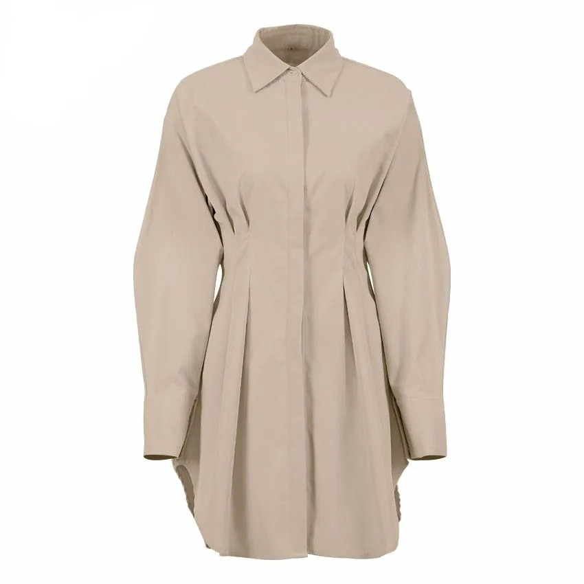 Long Sleeve Khaki Pleated Shirt Dress