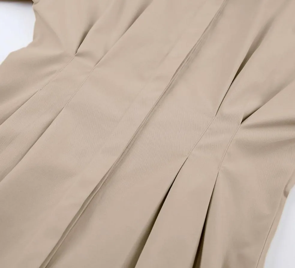 Long Sleeve Khaki Pleated Shirt Dress