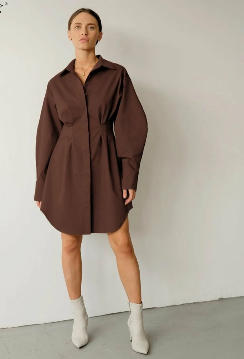 Long Sleeve Khaki Pleated Shirt Dress
