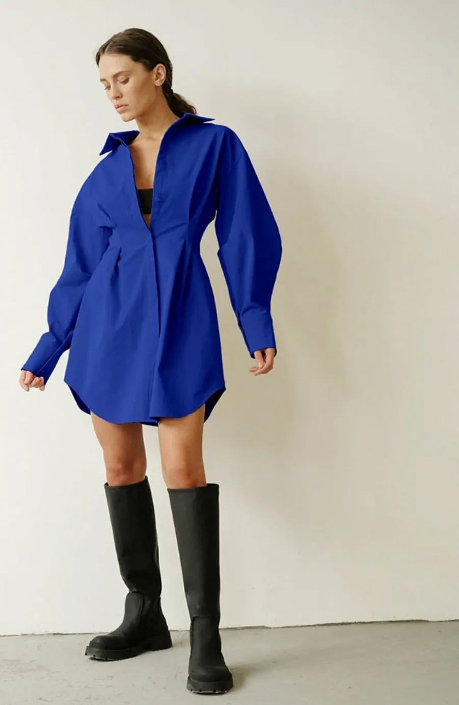 Long Sleeve Khaki Pleated Shirt Dress