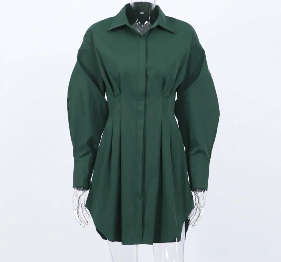 Long Sleeve Khaki Pleated Shirt Dress