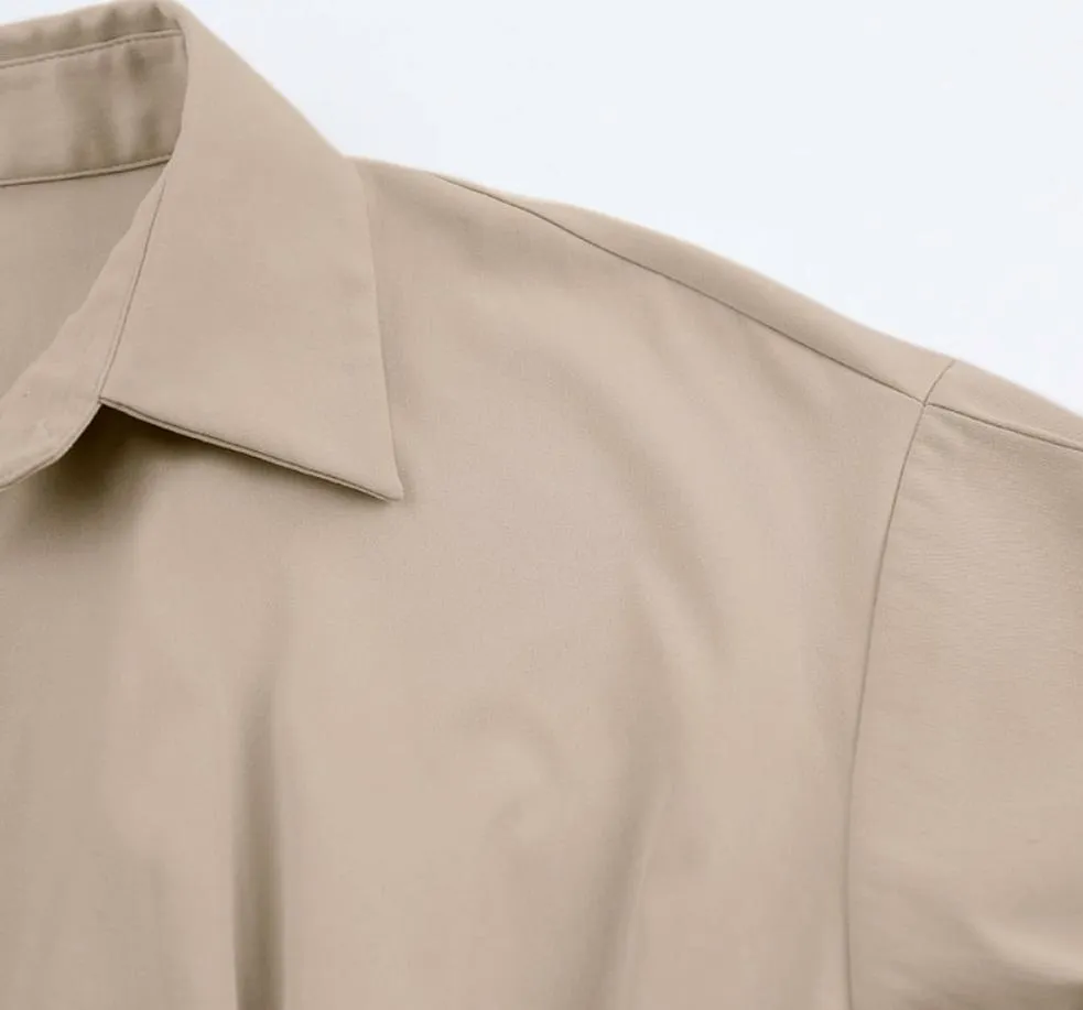 Long Sleeve Khaki Pleated Shirt Dress
