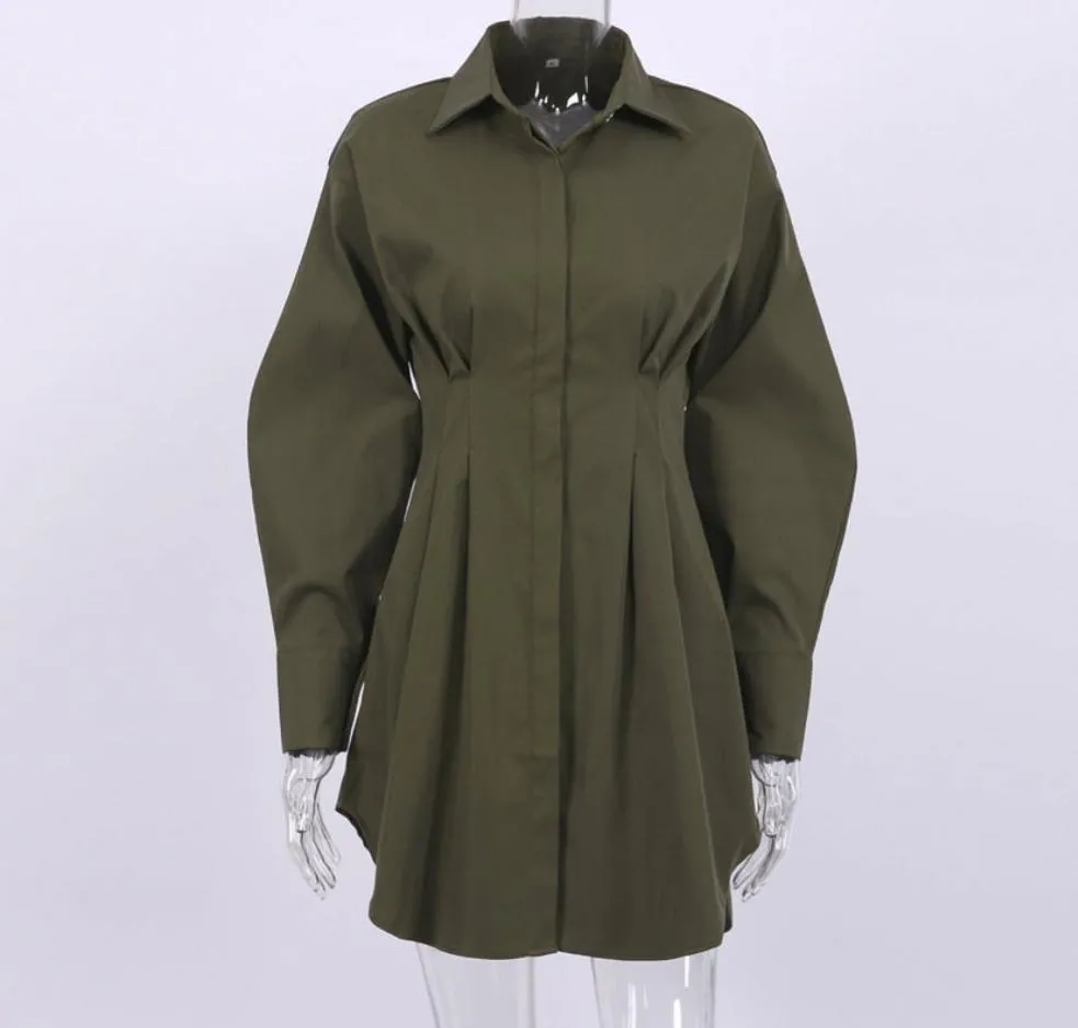 Long Sleeve Khaki Pleated Shirt Dress