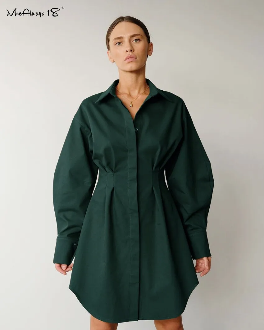 Long Sleeve Khaki Pleated Shirt Dress