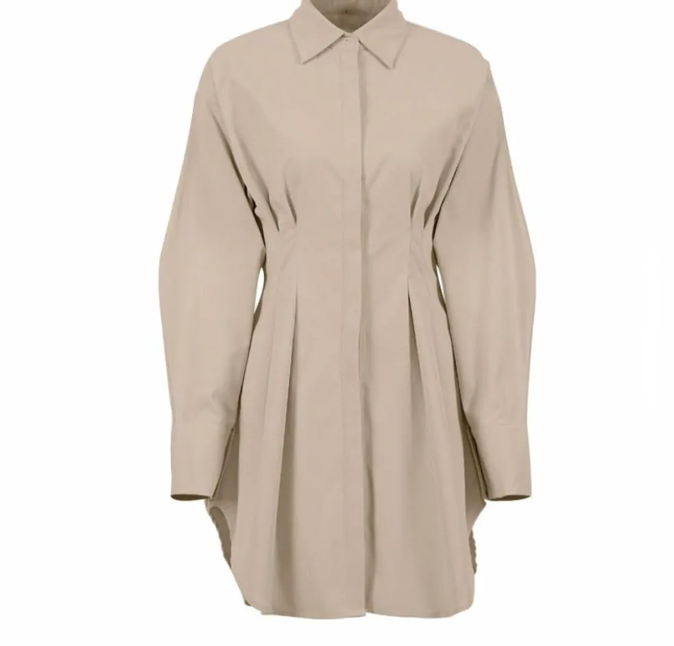 Long Sleeve Khaki Pleated Shirt Dress