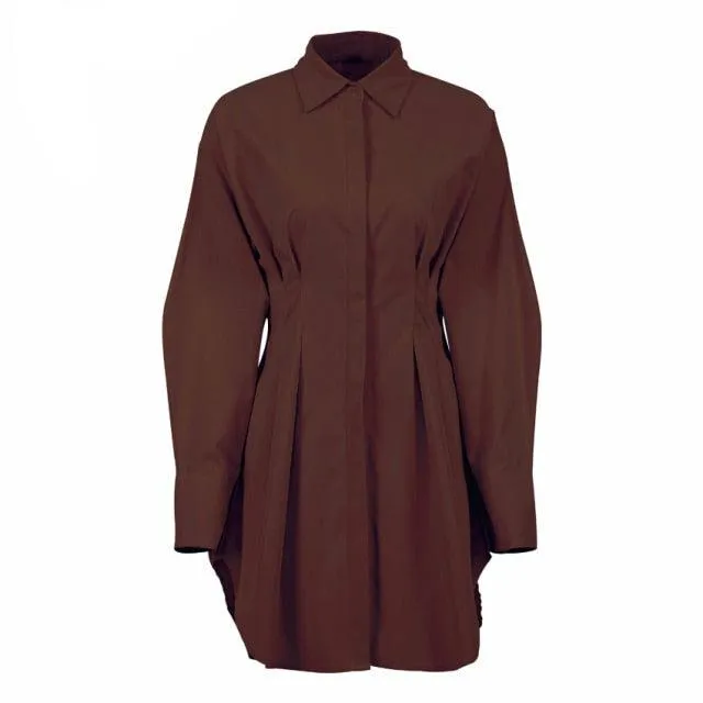 Long Sleeve Khaki Pleated Shirt Dress