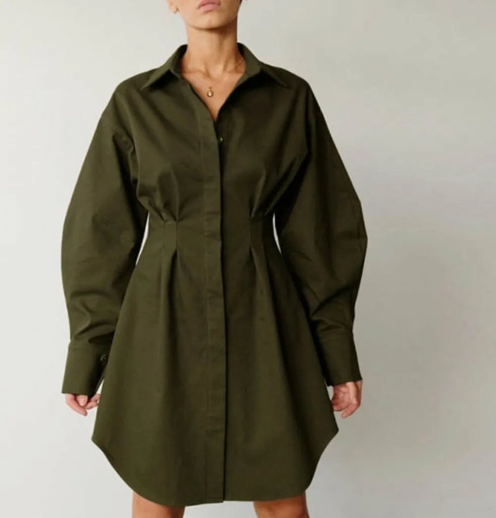 Long Sleeve Khaki Pleated Shirt Dress