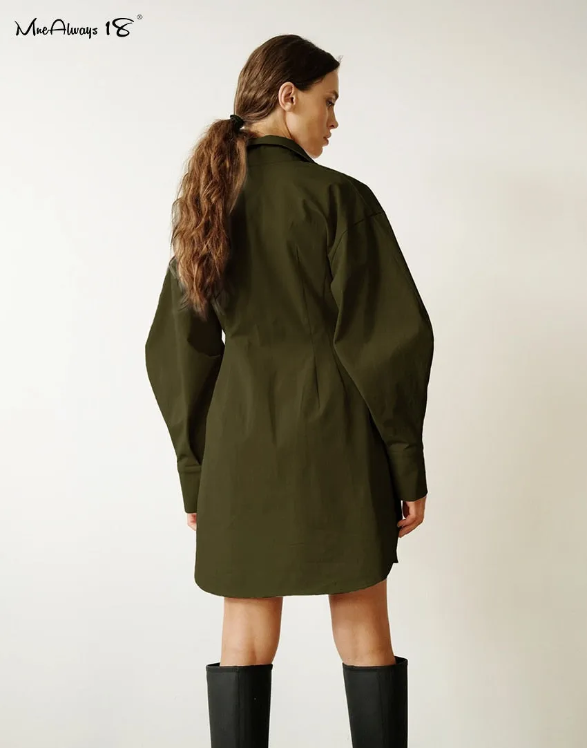 Long Sleeve Khaki Pleated Shirt Dress
