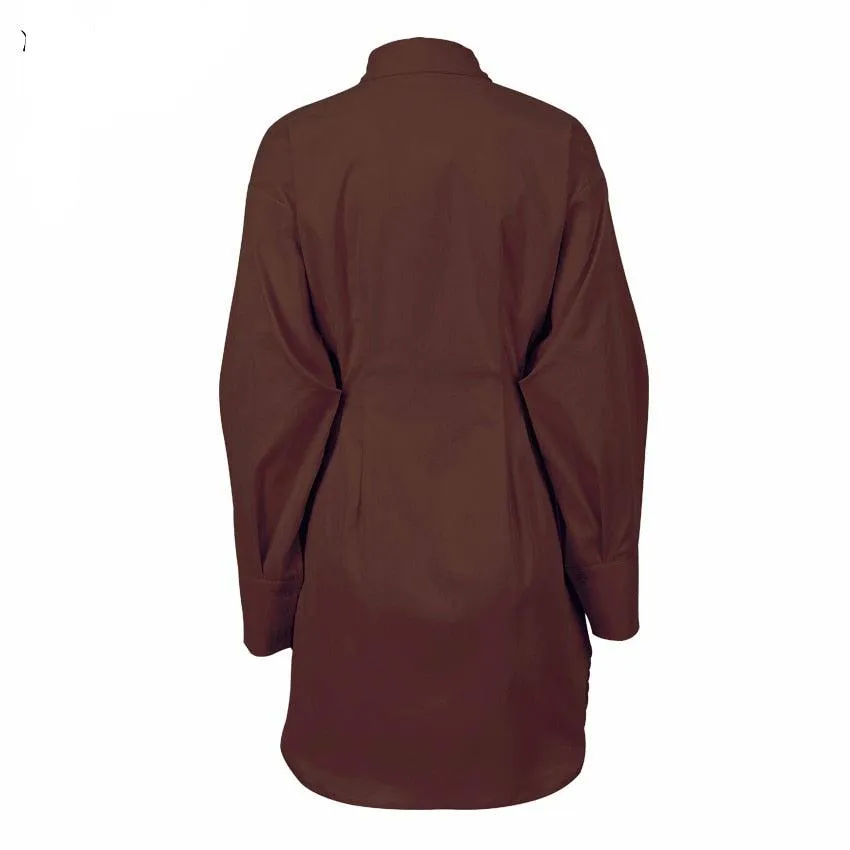 Long Sleeve Khaki Pleated Shirt Dress