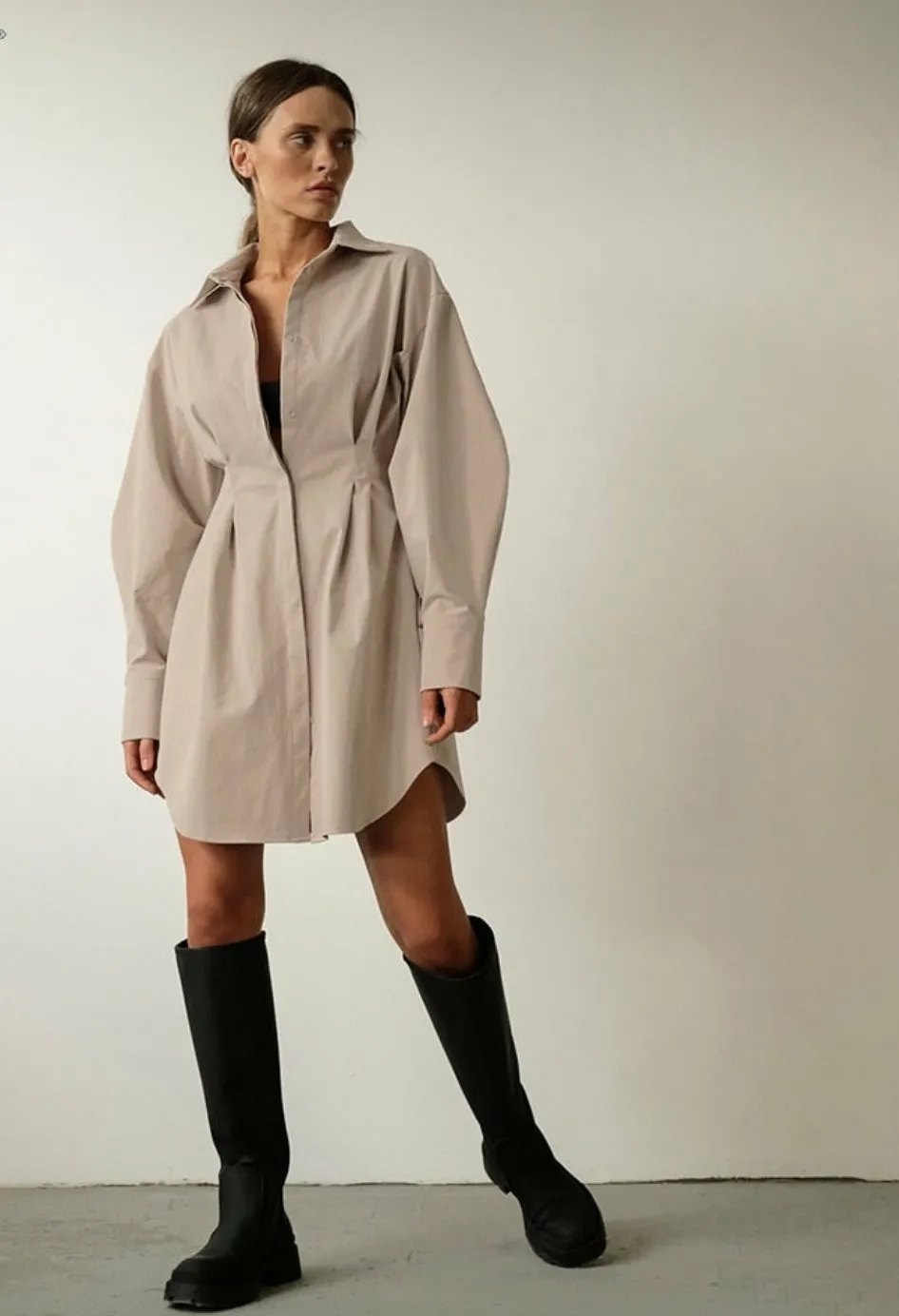 Long Sleeve Khaki Pleated Shirt Dress