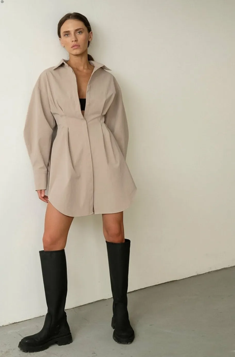 Long Sleeve Khaki Pleated Shirt Dress