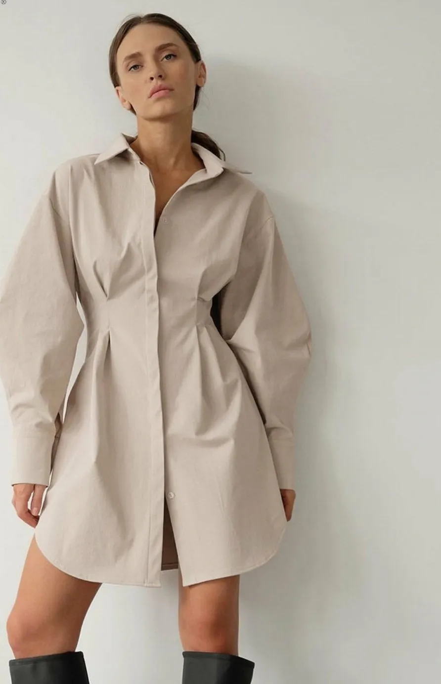 Long Sleeve Khaki Pleated Shirt Dress