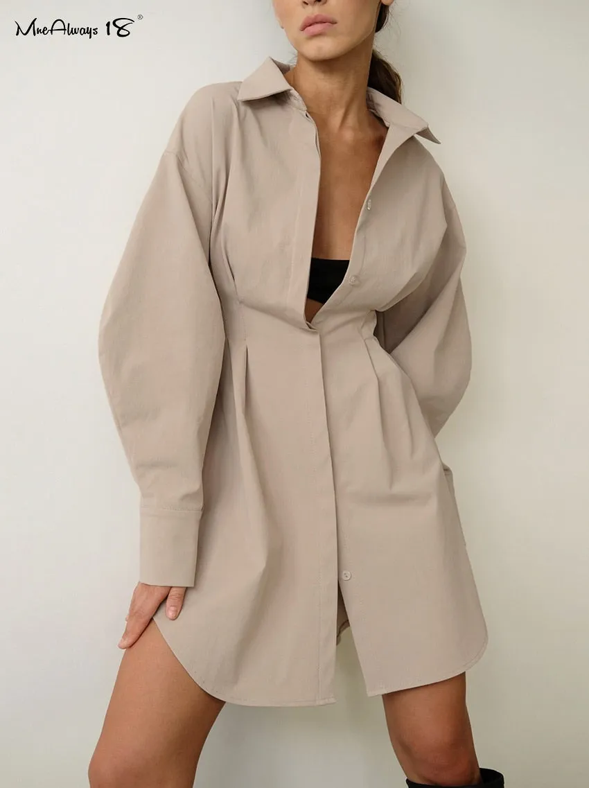 Long Sleeve Khaki Pleated Shirt Dress