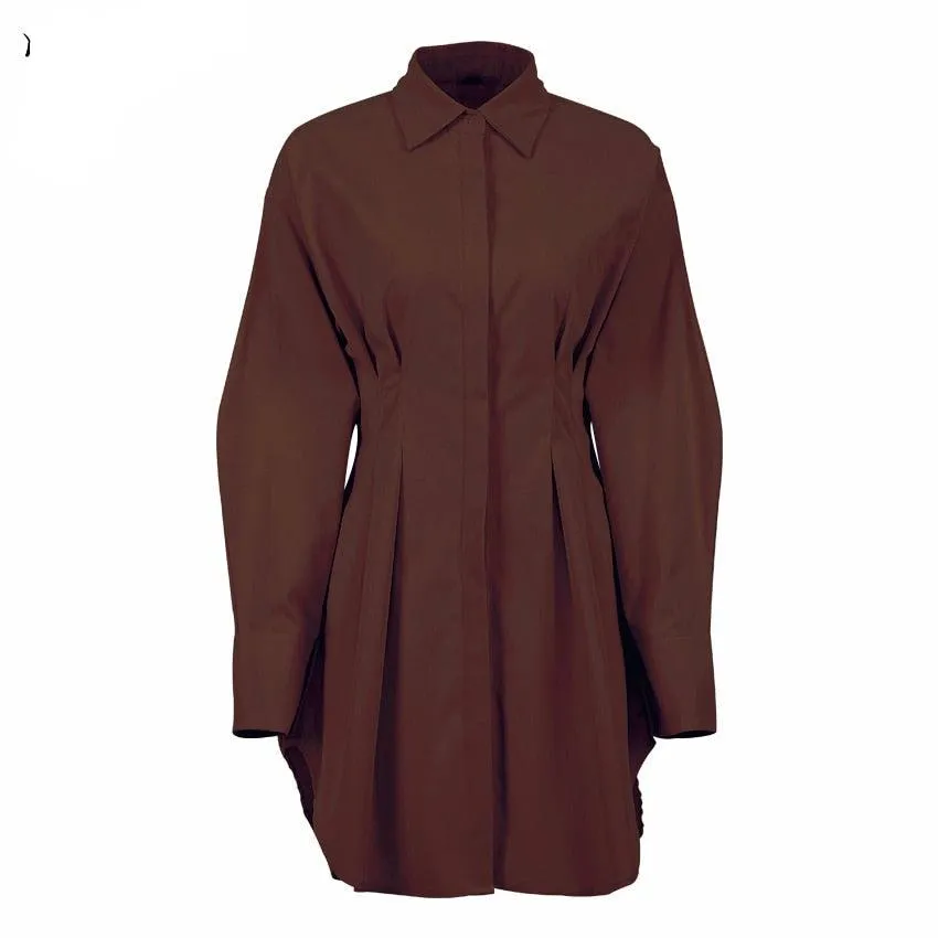 Long Sleeve Khaki Pleated Shirt Dress