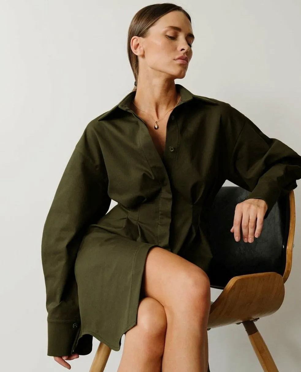 Long Sleeve Khaki Pleated Shirt Dress