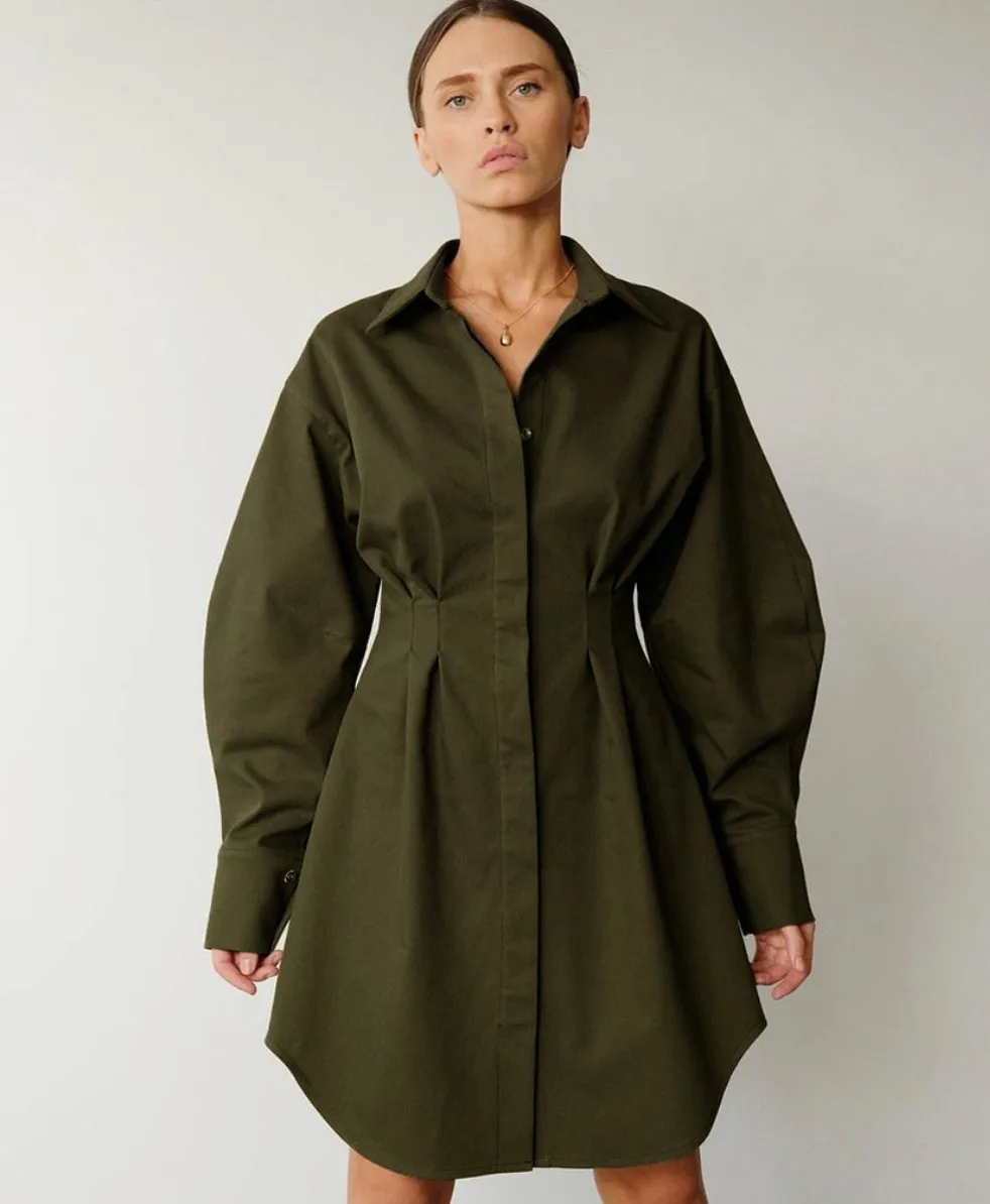 Long Sleeve Khaki Pleated Shirt Dress