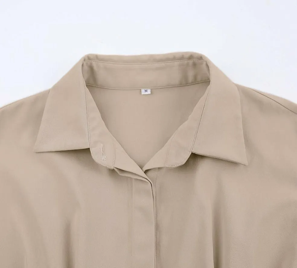 Long Sleeve Khaki Pleated Shirt Dress