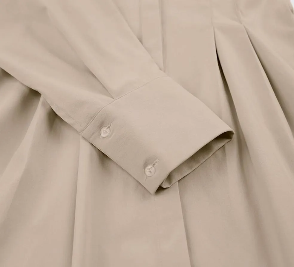 Long Sleeve Khaki Pleated Shirt Dress
