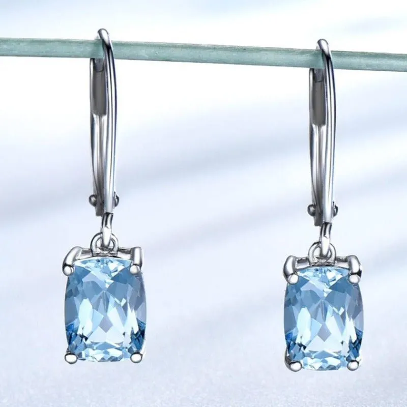 Luxury Aquamarine Drop Earrings 925 Silver Women's Wedding Jewelry