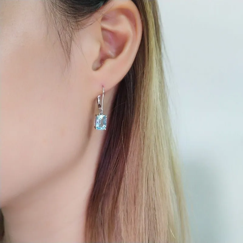 Luxury Aquamarine Drop Earrings 925 Silver Women's Wedding Jewelry