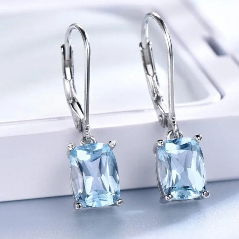 Luxury Aquamarine Drop Earrings 925 Silver Women's Wedding Jewelry