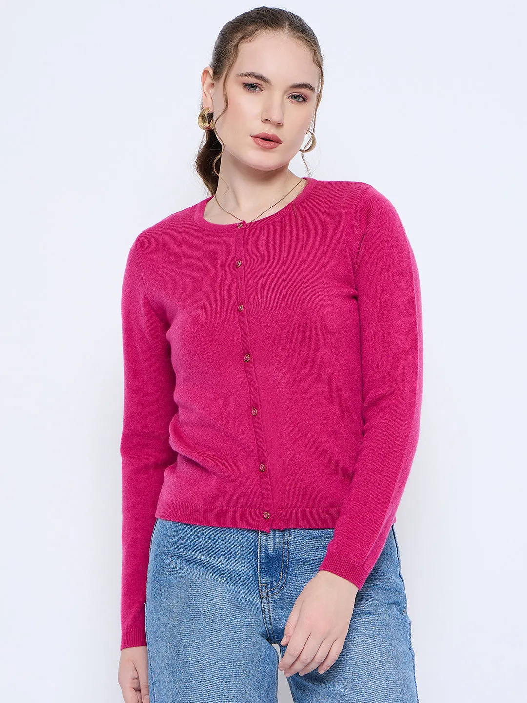 Madame Crew Neck Button Down Fuschia Cardigan