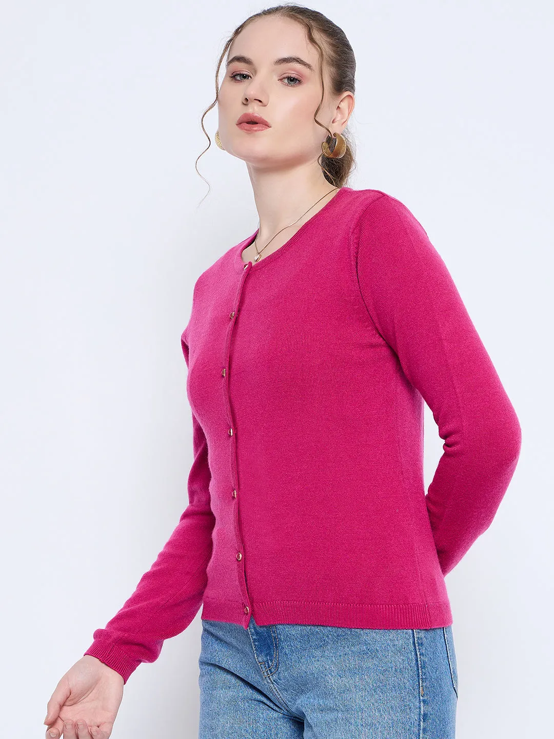 Madame Crew Neck Button Down Fuschia Cardigan