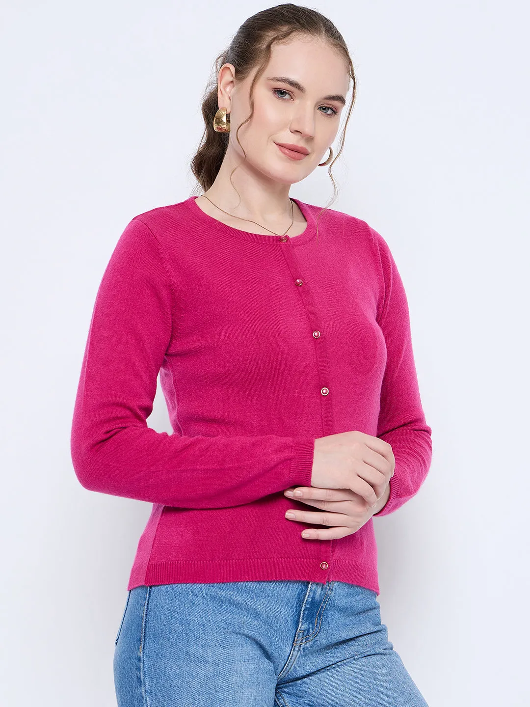 Madame Crew Neck Button Down Fuschia Cardigan