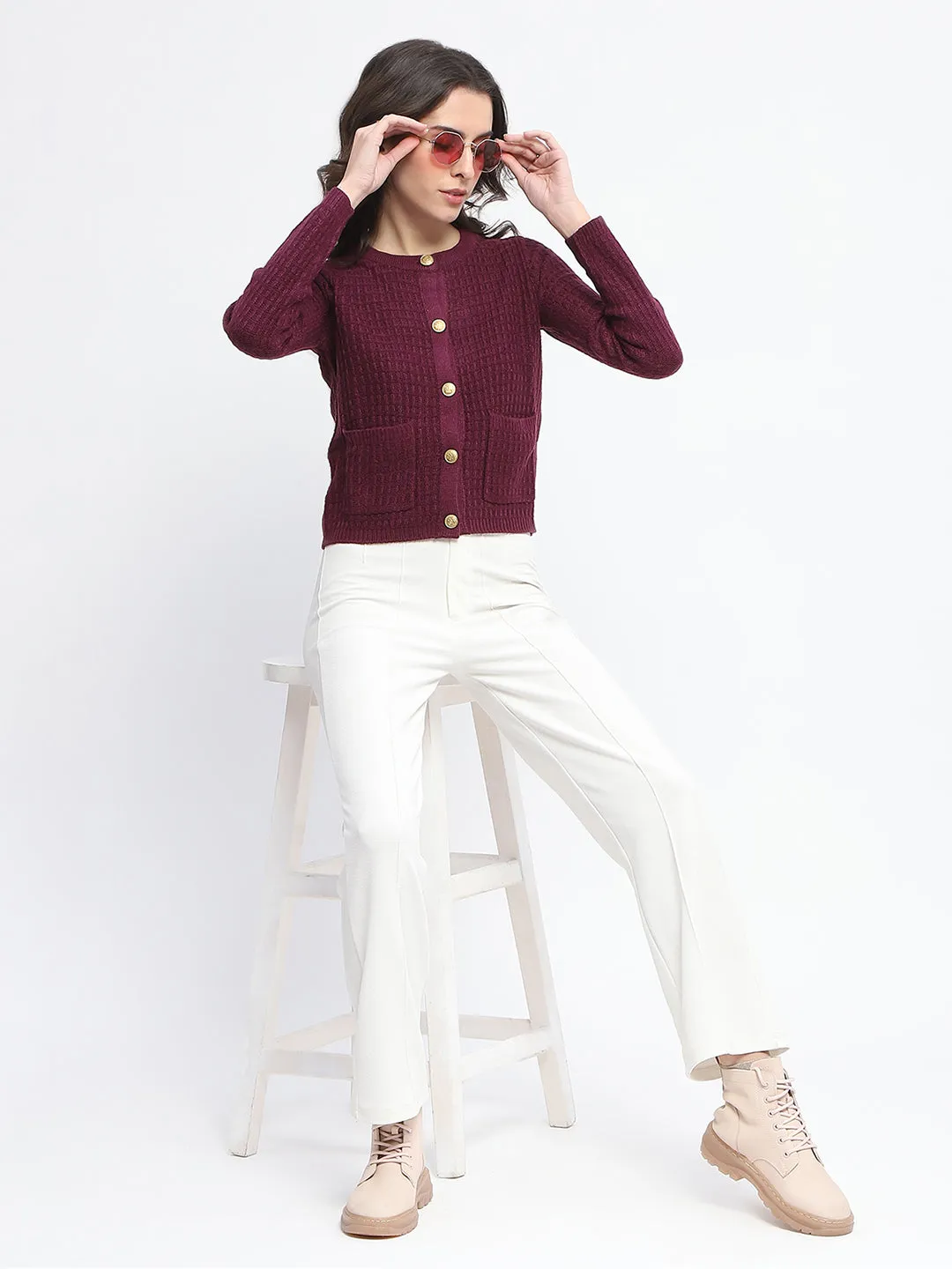 Madame Textured Pocketed Button Up Wine Red Sweater