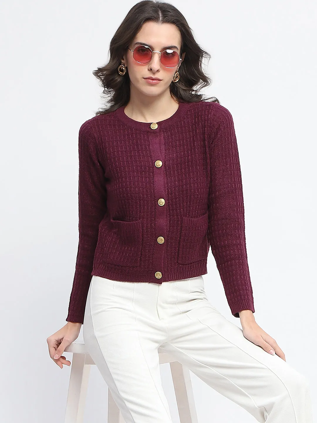 Madame Textured Pocketed Button Up Wine Red Sweater