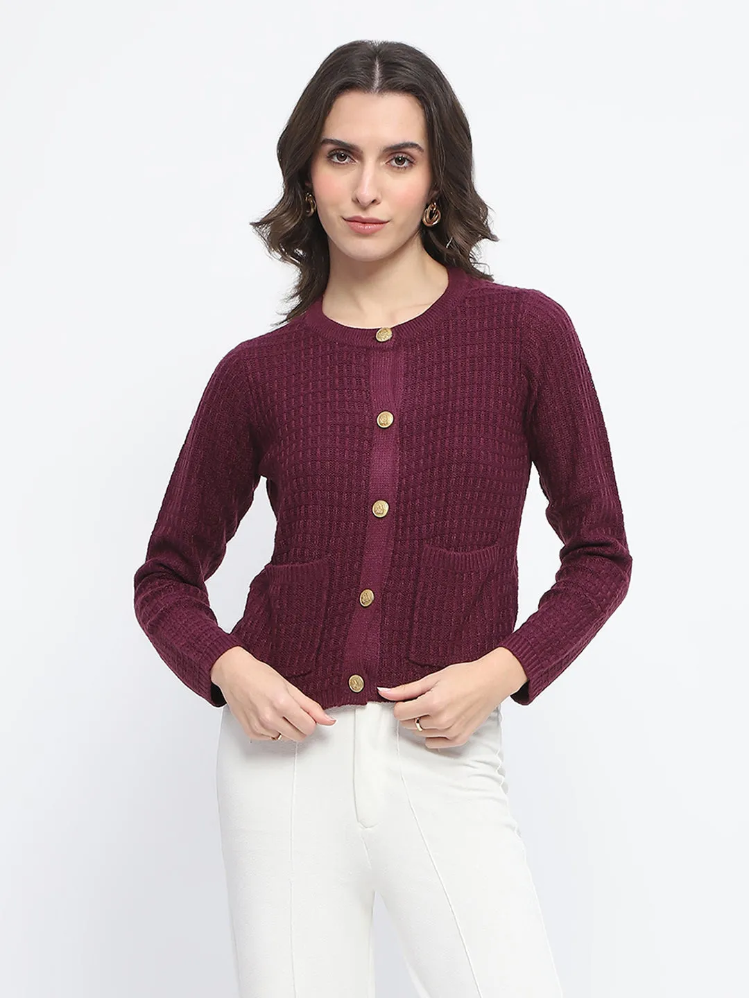 Madame Textured Pocketed Button Up Wine Red Sweater