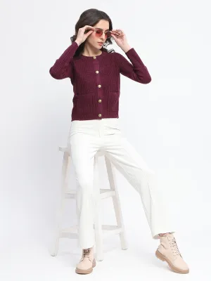 Madame Textured Pocketed Button Up Wine Red Sweater