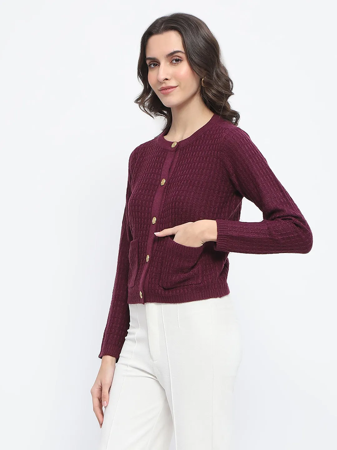 Madame Textured Pocketed Button Up Wine Red Sweater