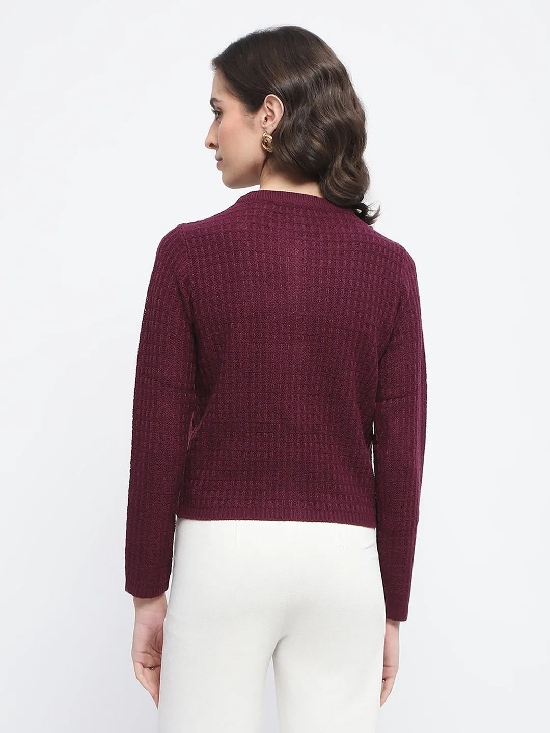 Madame Textured Pocketed Button Up Wine Red Sweater