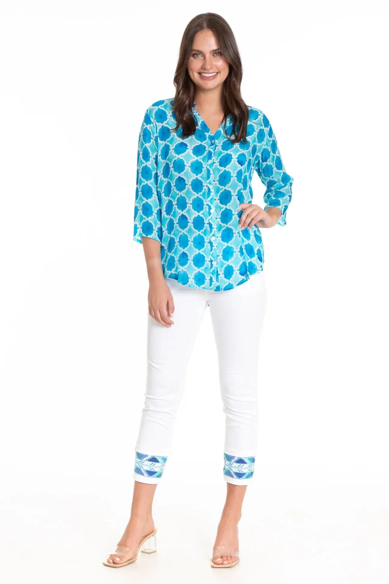 Mandarin Collar Button-up Watercolor Tile Print