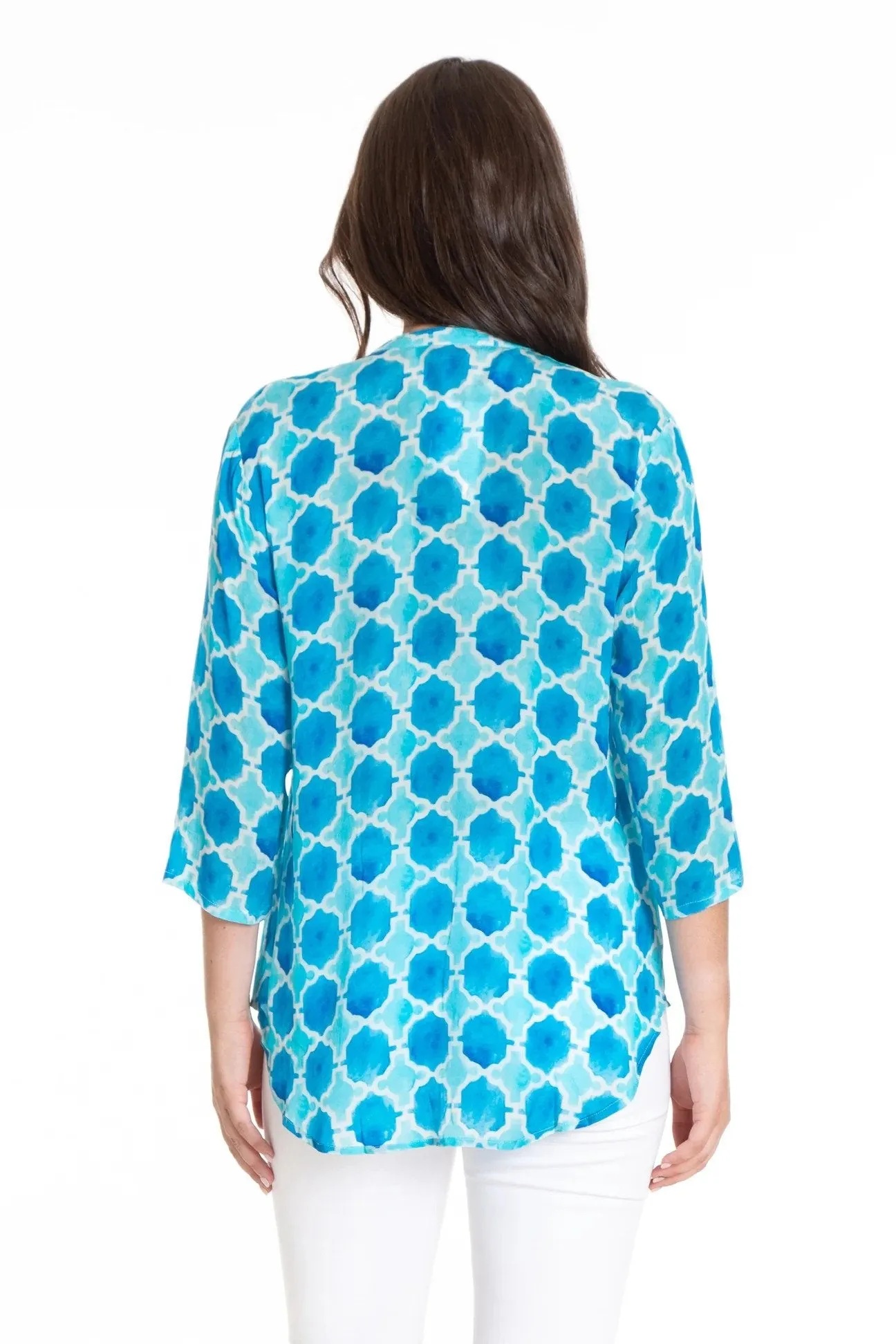Mandarin Collar Button-up Watercolor Tile Print