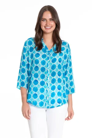 Mandarin Collar Button-up Watercolor Tile Print